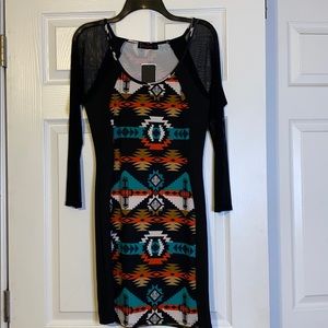 Aztec pattern long sleeve mini dress